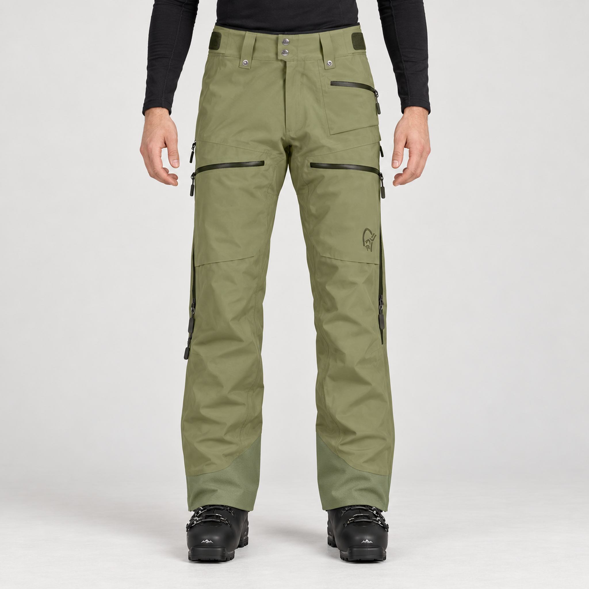 Norrøna men's Lofoten Gore-Tex Ski Pants in Deep Lichen Green – model front