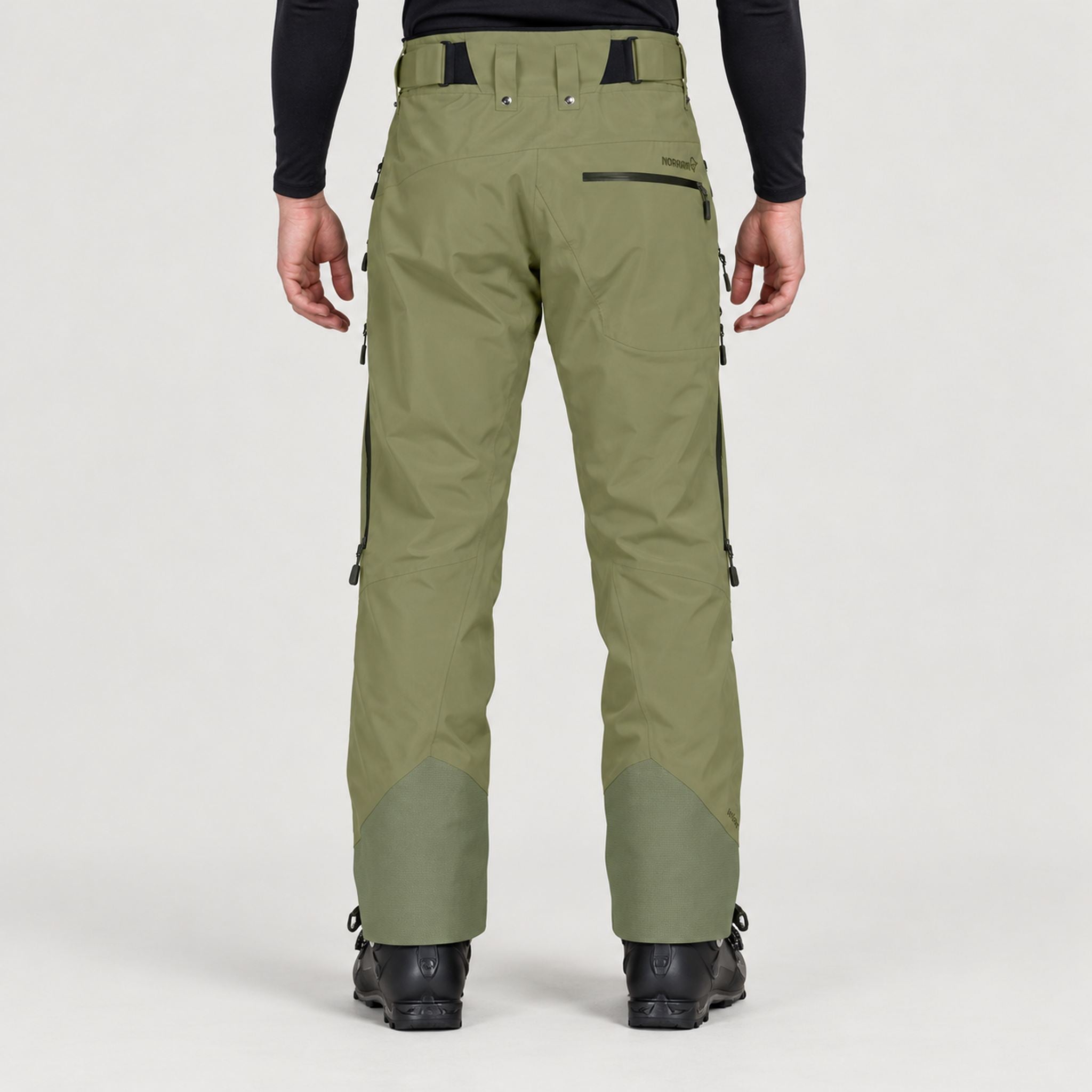 Norrøna men's Lofoten Gore-Tex Ski Pants in Deep Lichen Green – model back