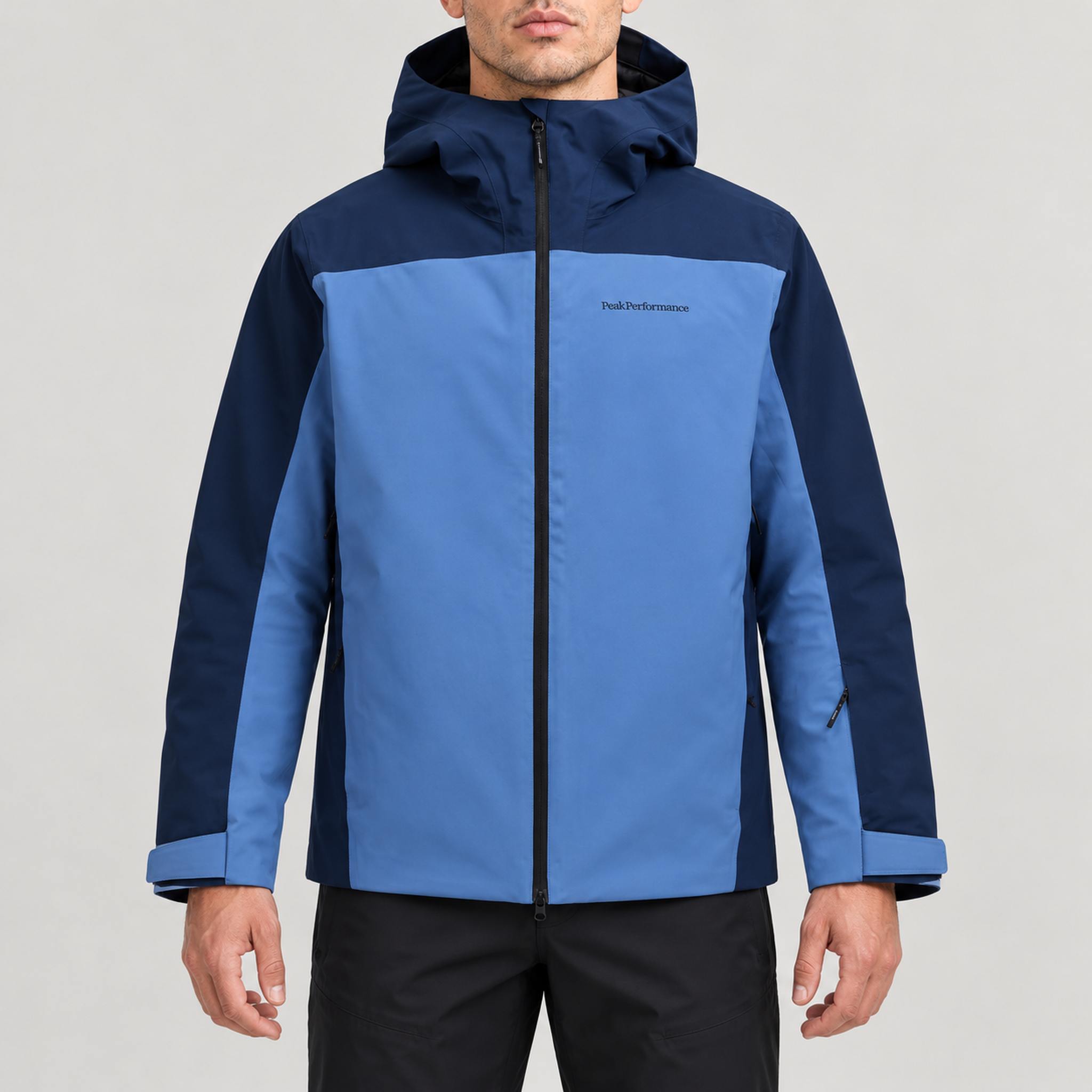 Peak Performance men's Maroon Ski Jacket in Summit Sky/Blue Shadow – model front