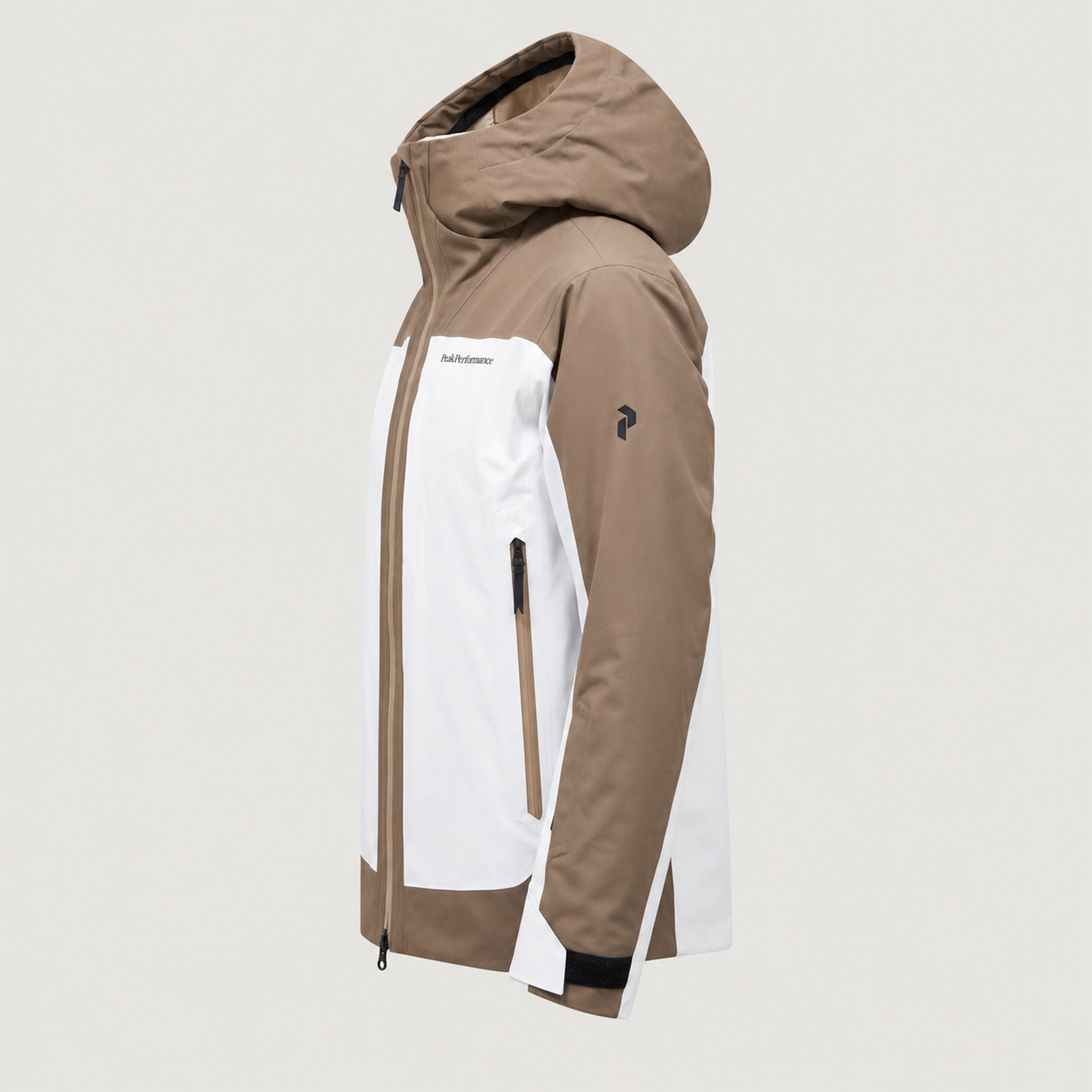 Peak Performance men's Whitelight Ski Jacket in Terrain Tan/Antarctica – side