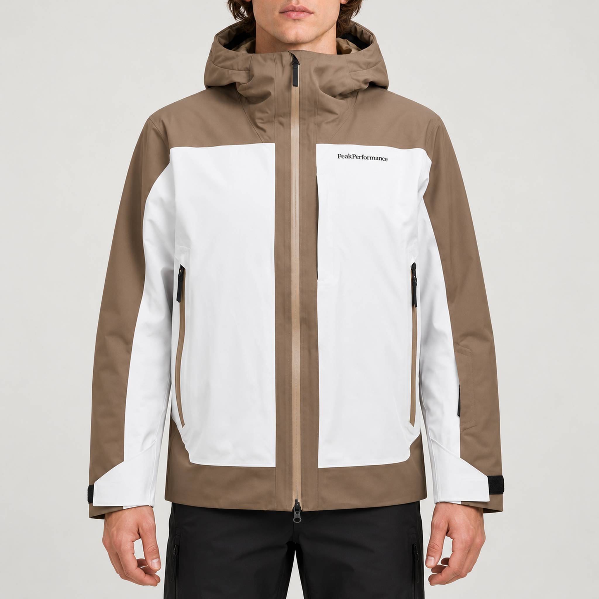 Peak Performance men's Whitelight Ski Jacket in Terrain Tan/Antarctica – model front
