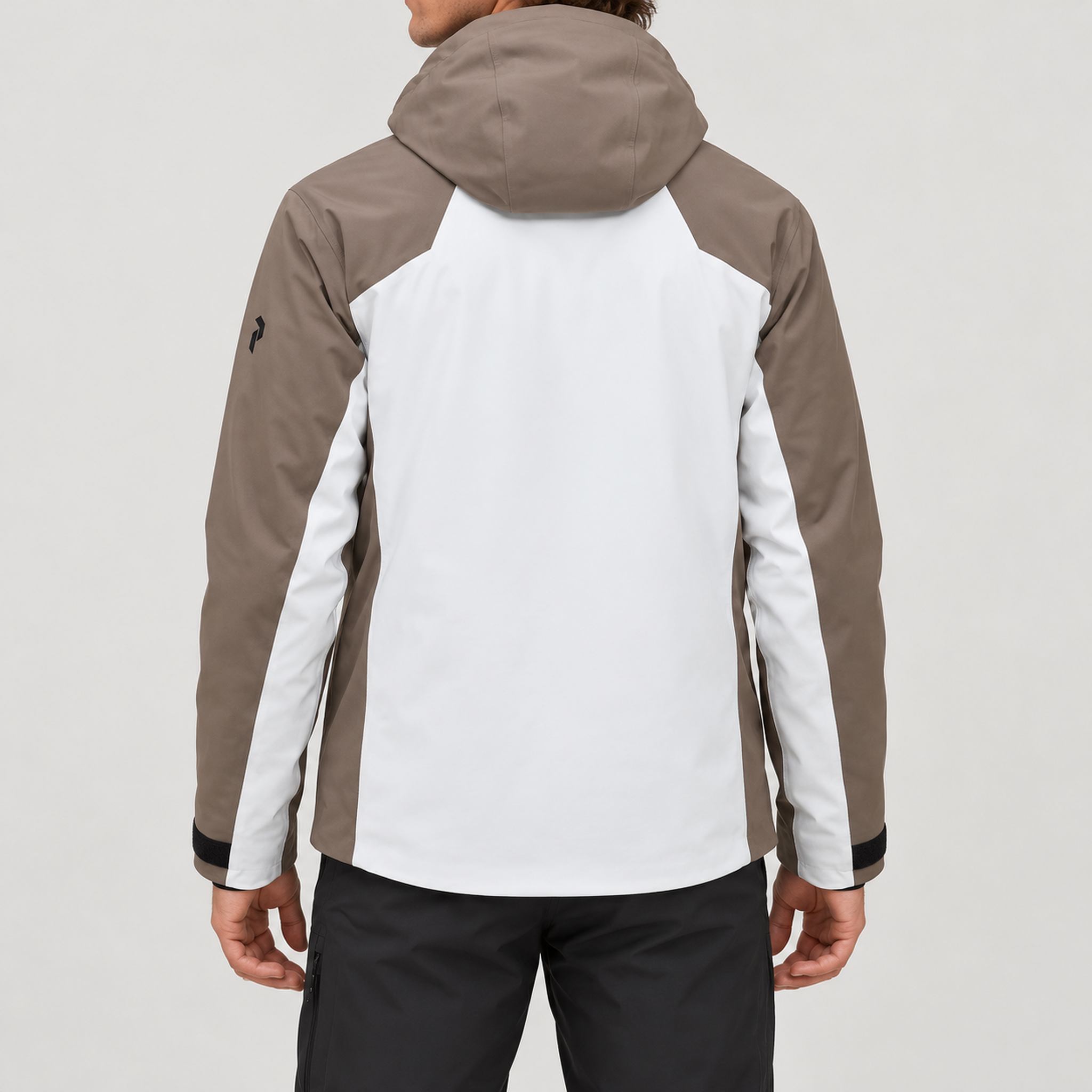 Peak Performance men's Whitelight Ski Jacket in Terrain Tan/Antarctica – model back