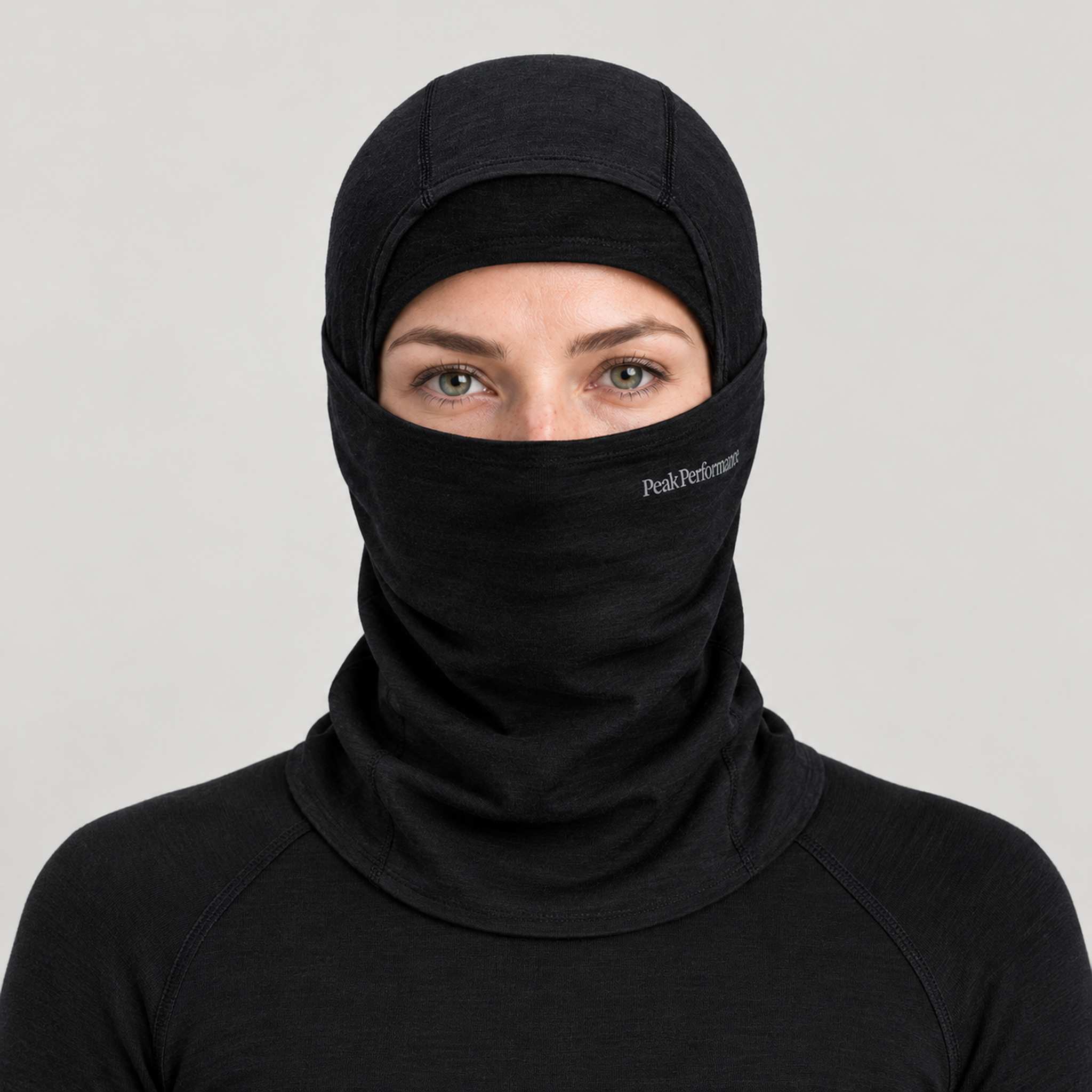 Peak Performance unisex Wool Balaclava in Black – female front