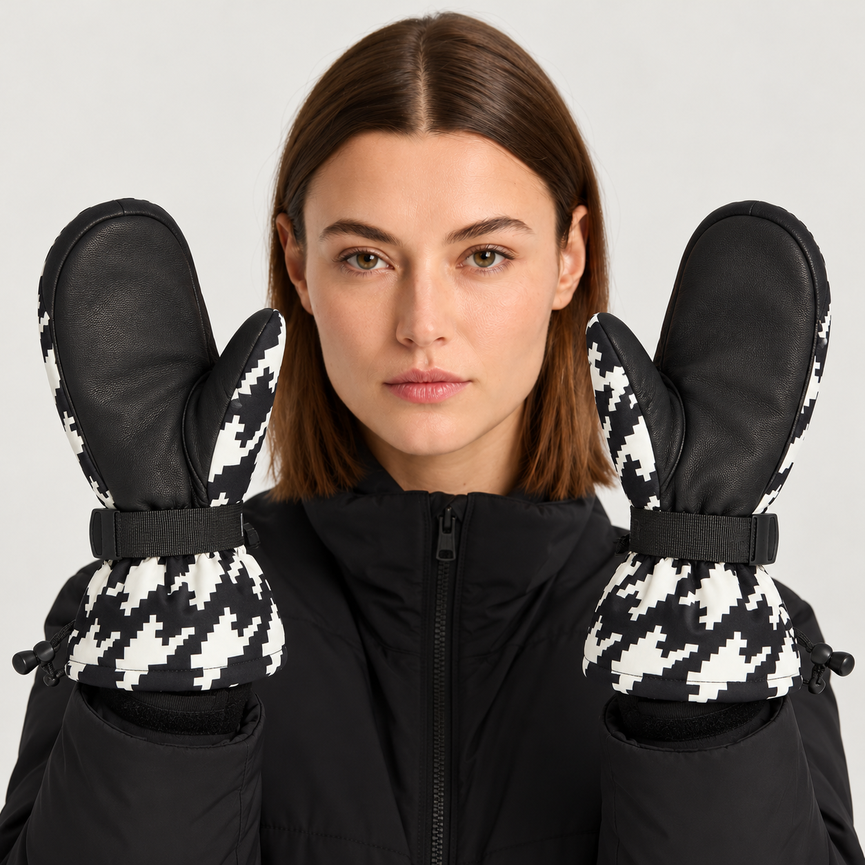 Perfect Moment Davos Mitts in black and white houndstooth – woman palms view