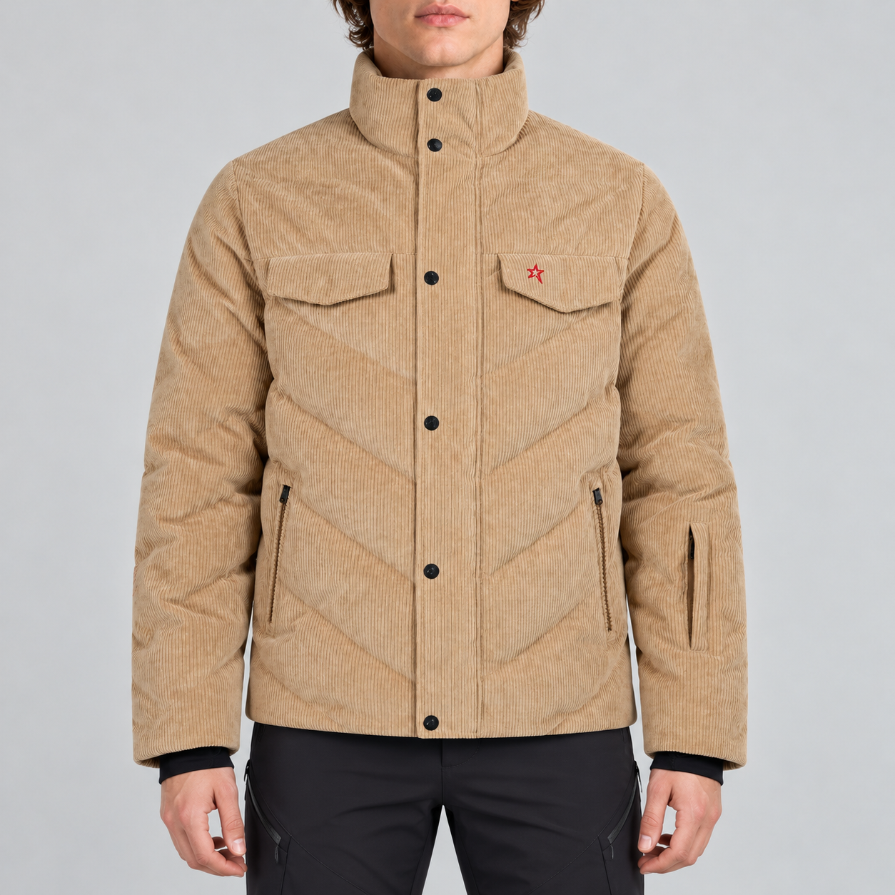Perfect Moment men’s Chevron Quilted Cord Ski Jacket in Camel Cord – model front view