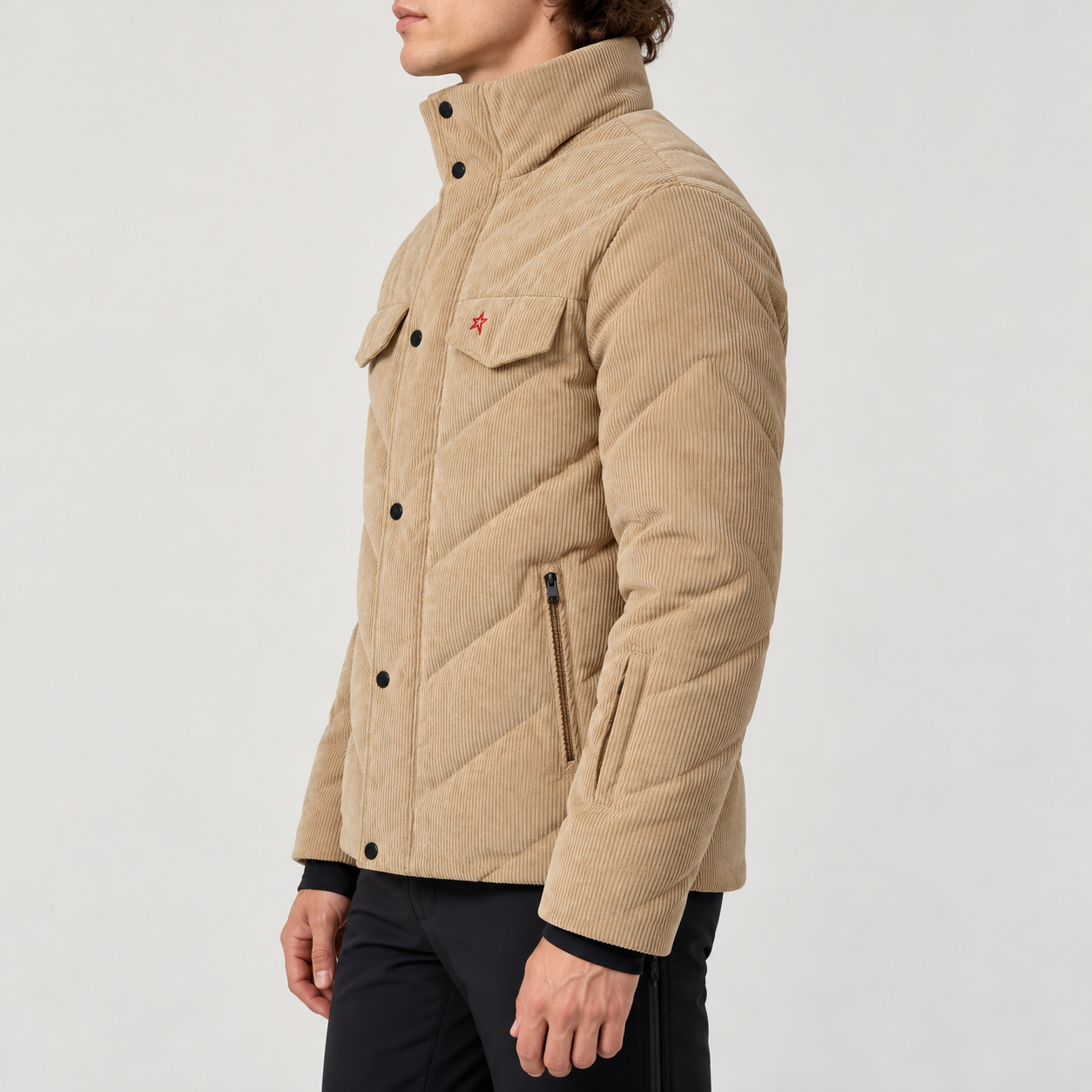 Perfect Moment men’s Chevron Quilted Cord Ski Jacket in Camel Cord – model side view