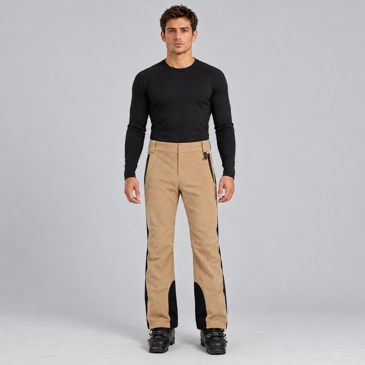 Perfect Moment men’s Mountain Mission Ski Pant in Camel Cord/Black – model front view