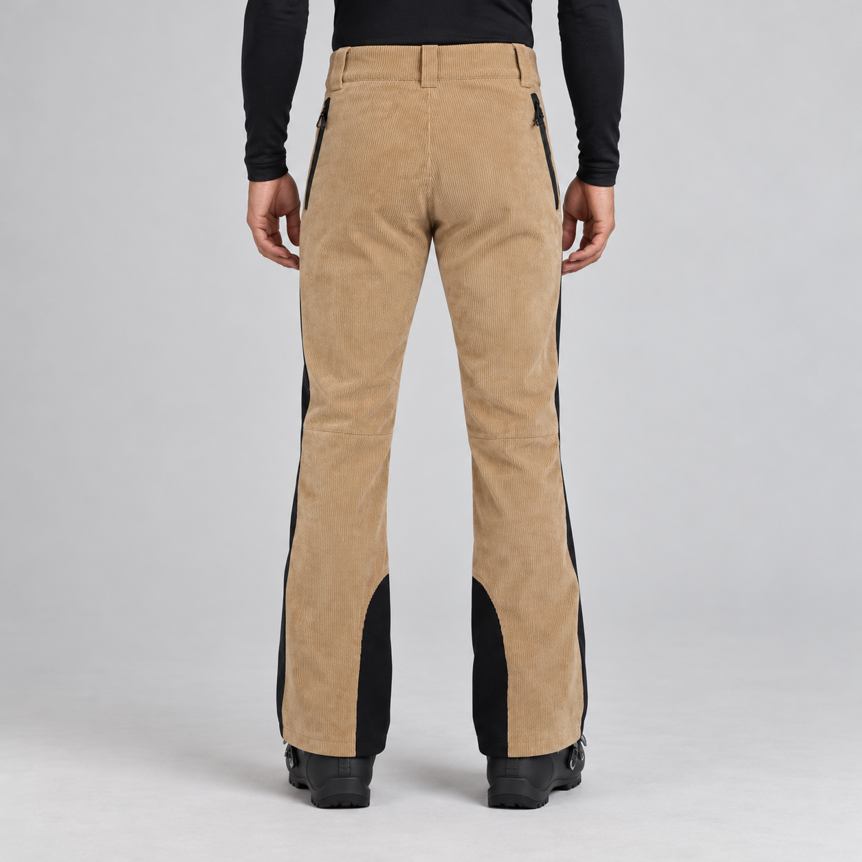 Perfect Moment men’s Mountain Mission Ski Pant in Camel Cord/Black – model back view