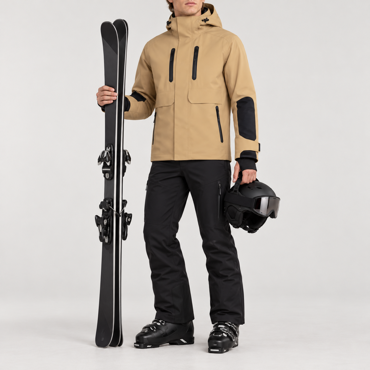 Perfect Moment men’s Technical Moment Ski Jacket in Camel – model ski props view