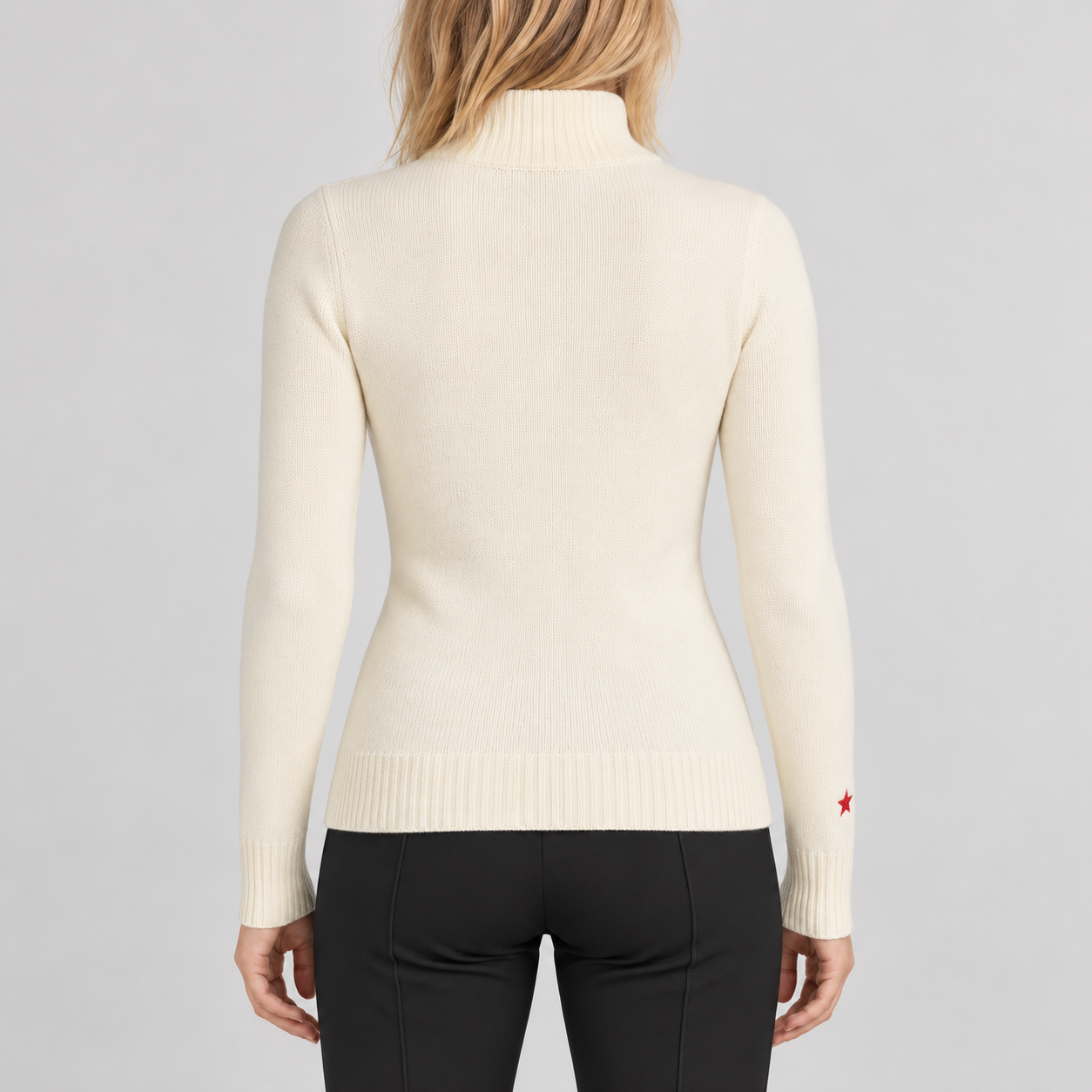 Perfect Moment women’s Apres II Sweater in Snow White/Rainbow – model back view