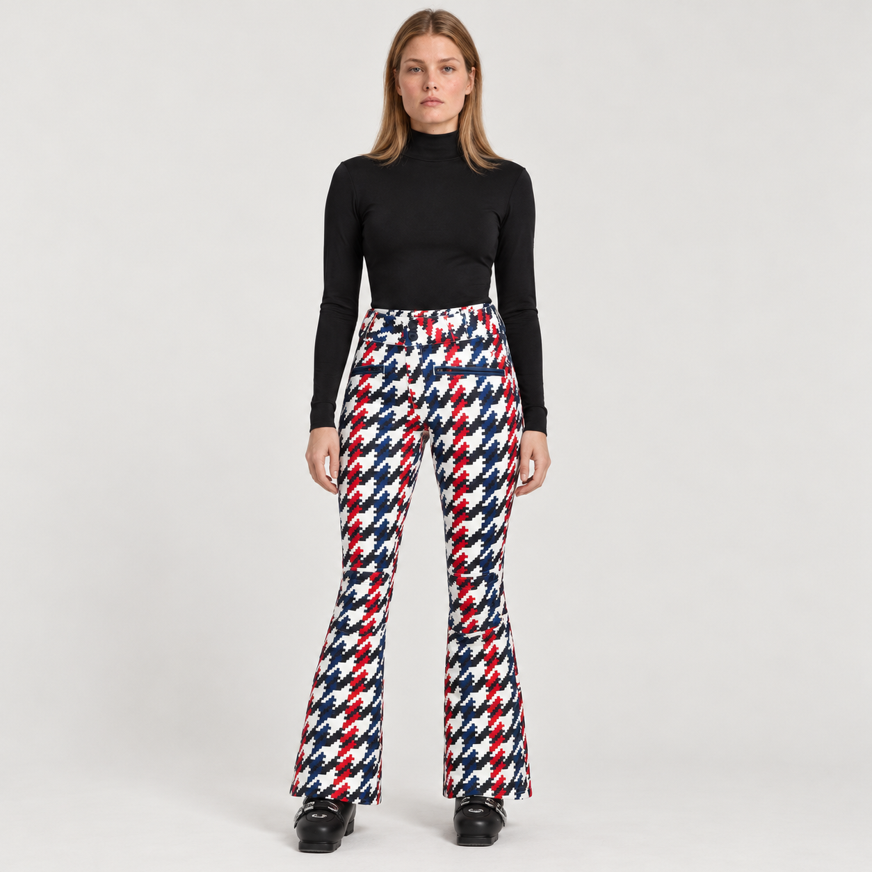 Perfect Moment women’s Aurora High Waist Flare Pant in Houndstooth – model front view