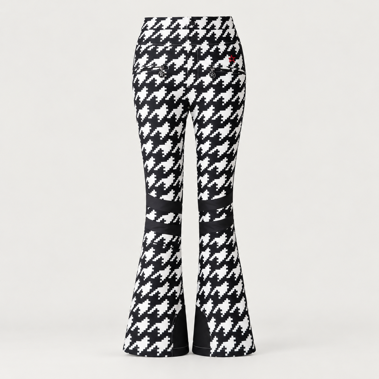 Perfect Moment women’s Aurora High Waist Flare Pant in Houndstooth Black/White – product front view