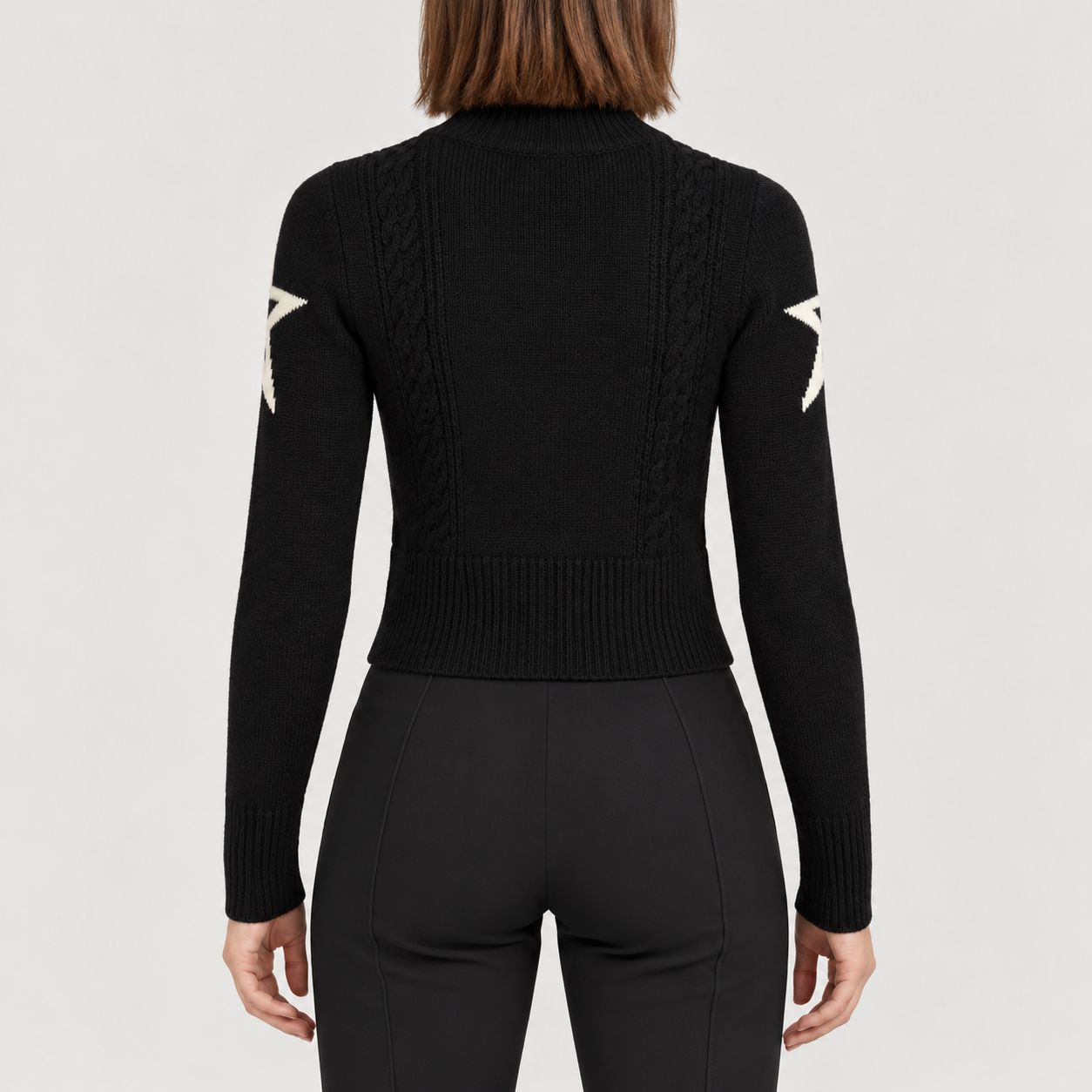 Perfect Moment women’s Cable Sweater in Black – model back view