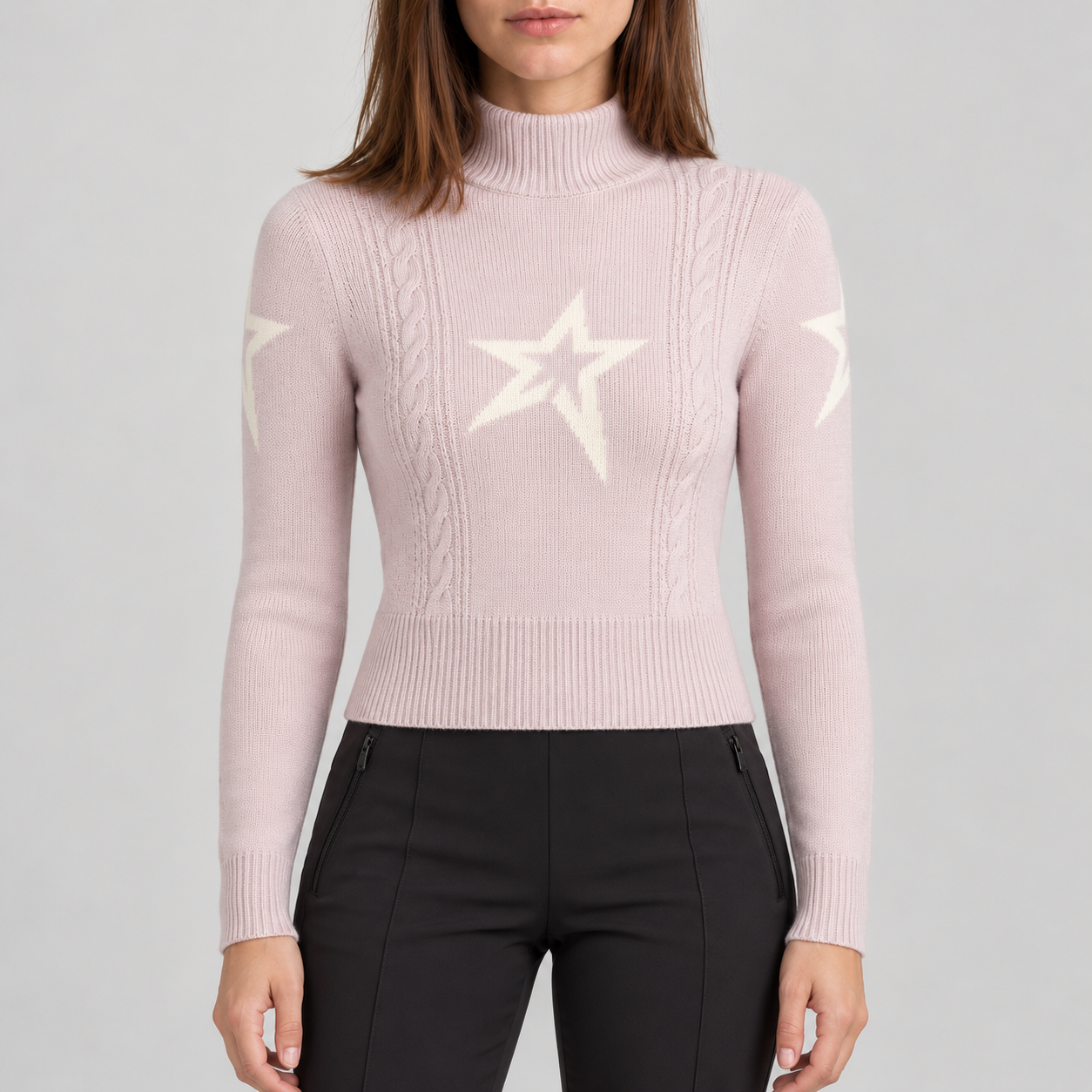 Perfect Moment women’s Cable Sweater in Oyster Pink – model front view