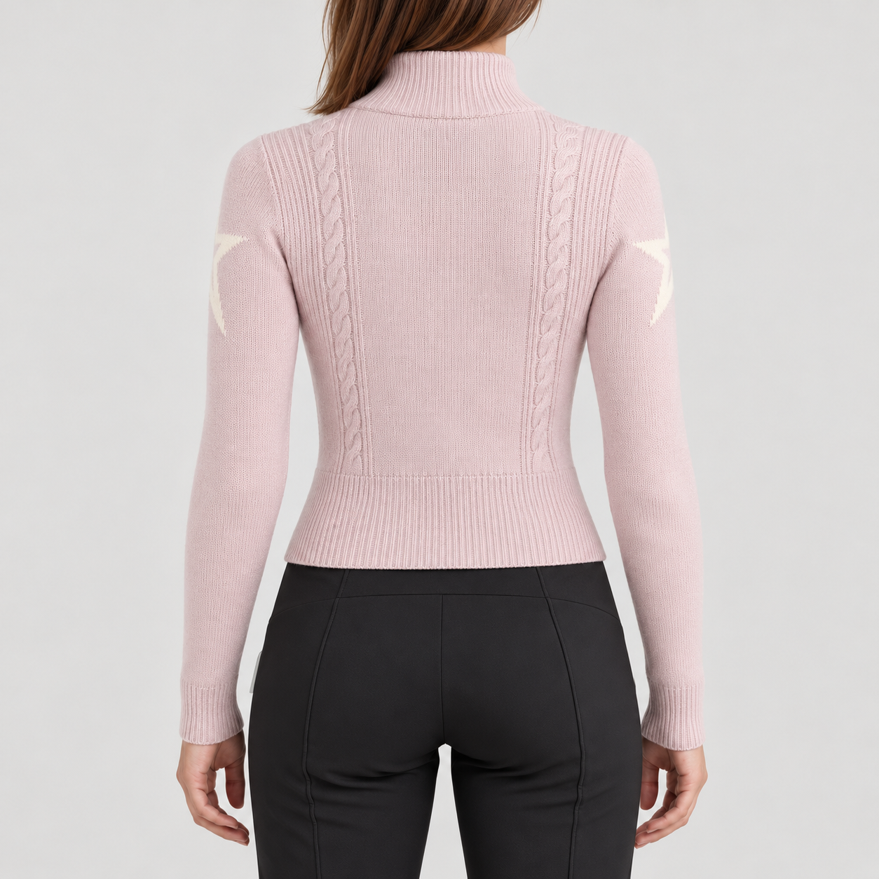 Perfect Moment women’s Cable Sweater in Oyster Pink – model back view