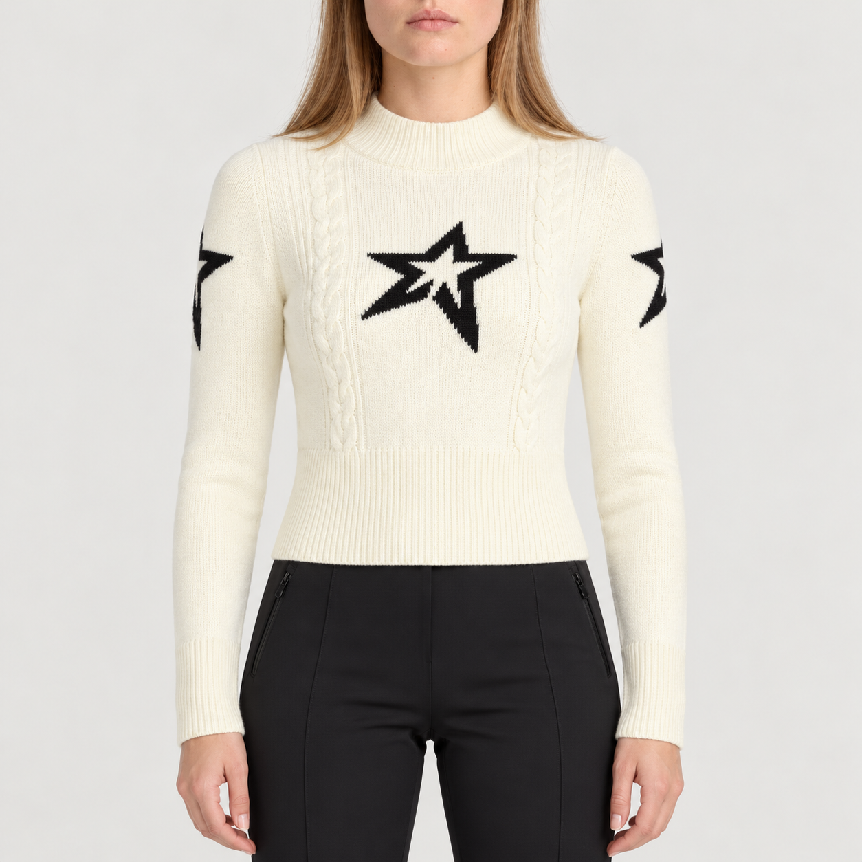 Perfect Moment women’s Cable Sweater in Snow White – model front view