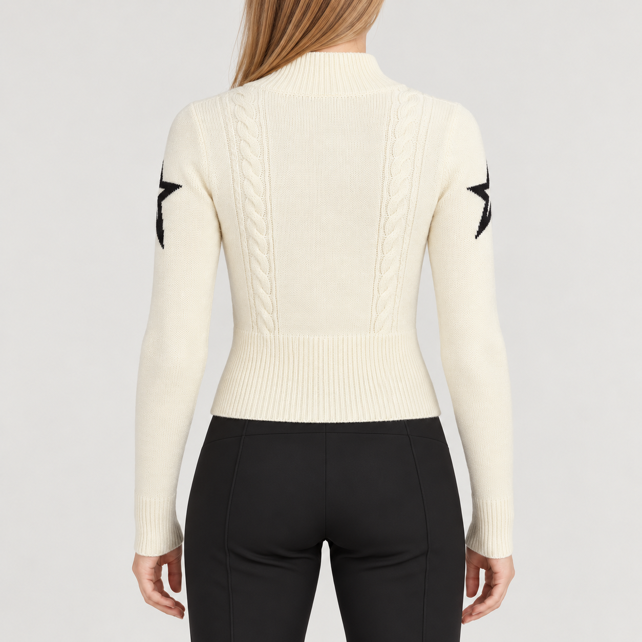 Perfect Moment women’s Cable Sweater in Snow White – model back view