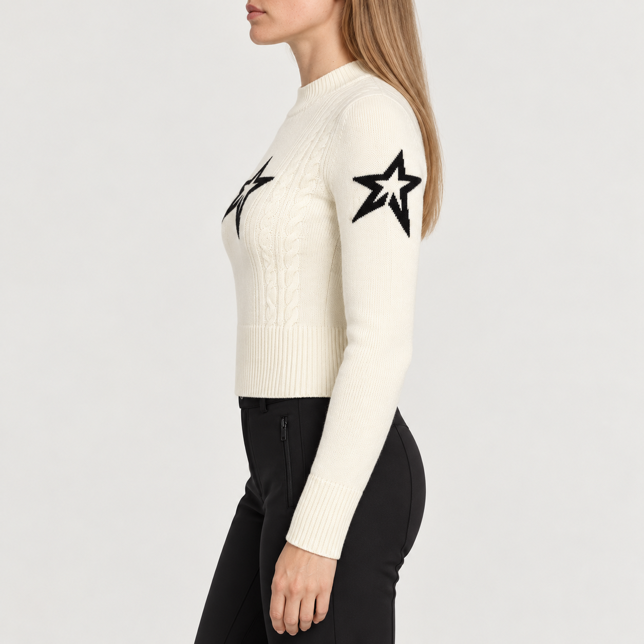 Perfect Moment women’s Cable Sweater in Snow White – model side view