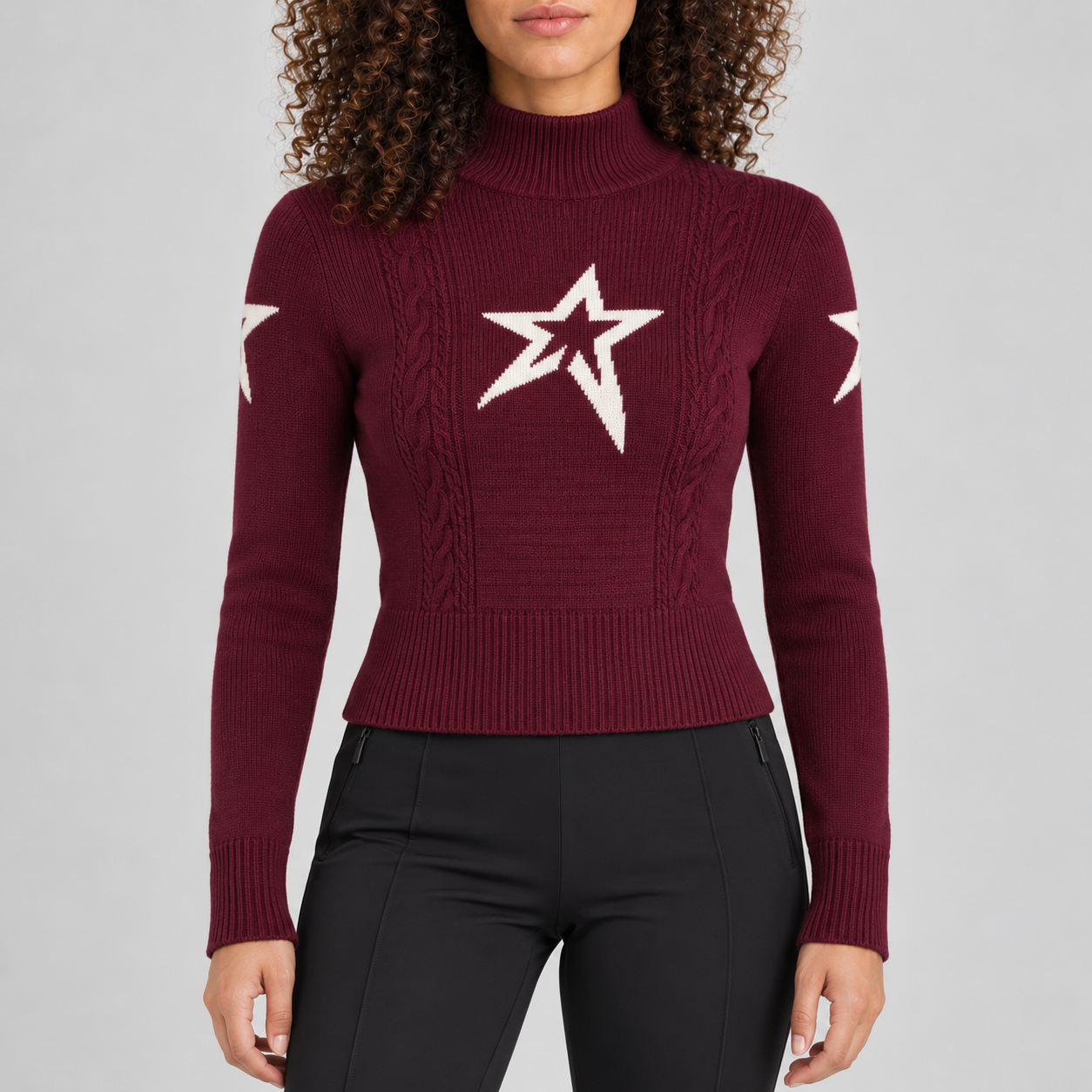 Perfect Moment women’s Cable Sweater in Wine – model front view
