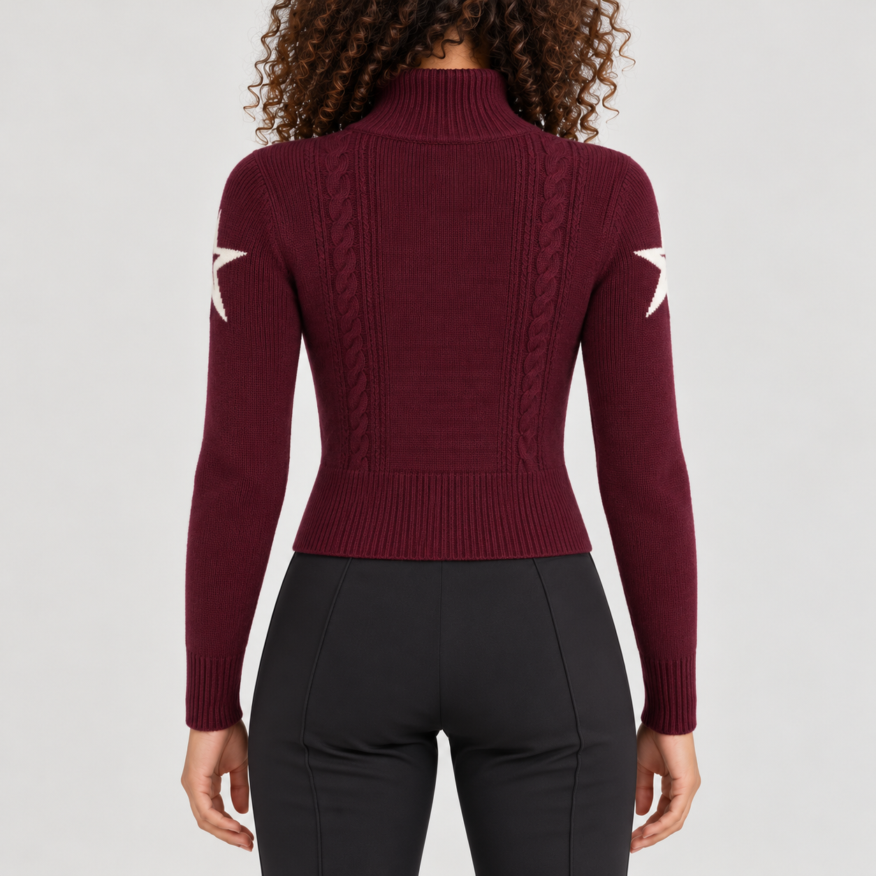 Perfect Moment women’s Cable Sweater in Wine – model back view