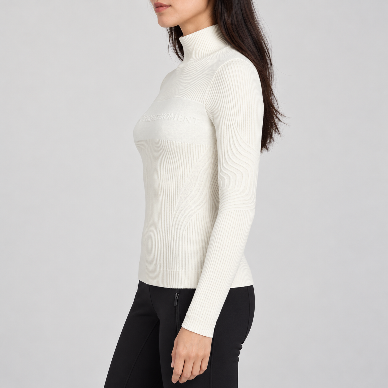 Perfect Moment women’s Chalet Baselayer Top in Snow White – model side view