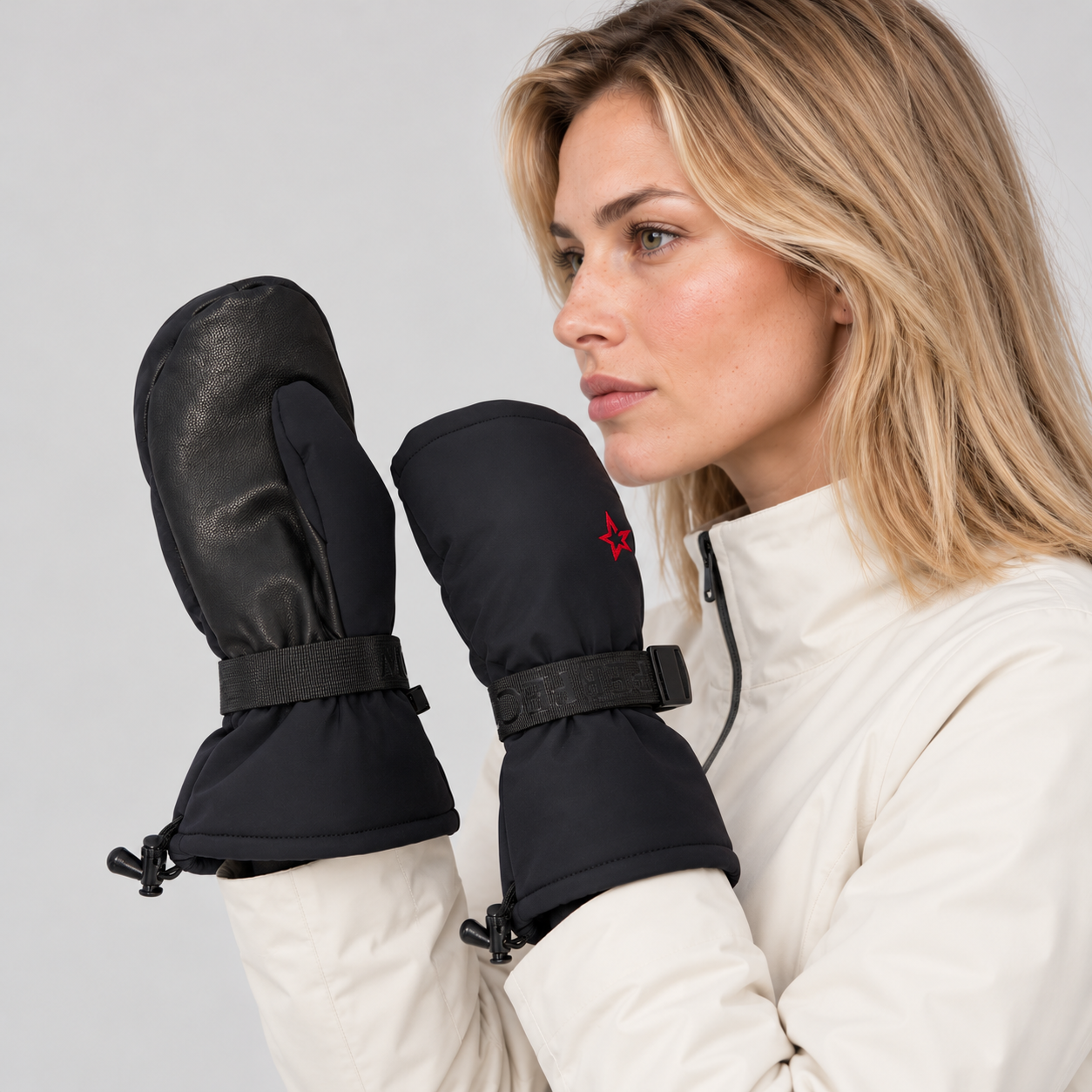 Perfect Moment women’s Davos Mitts in Black – side women model view