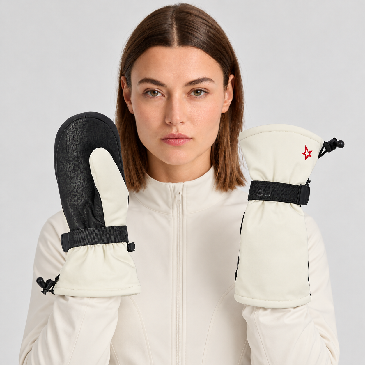 Perfect Moment women’s Davos Mitts in Snow White – front women model view