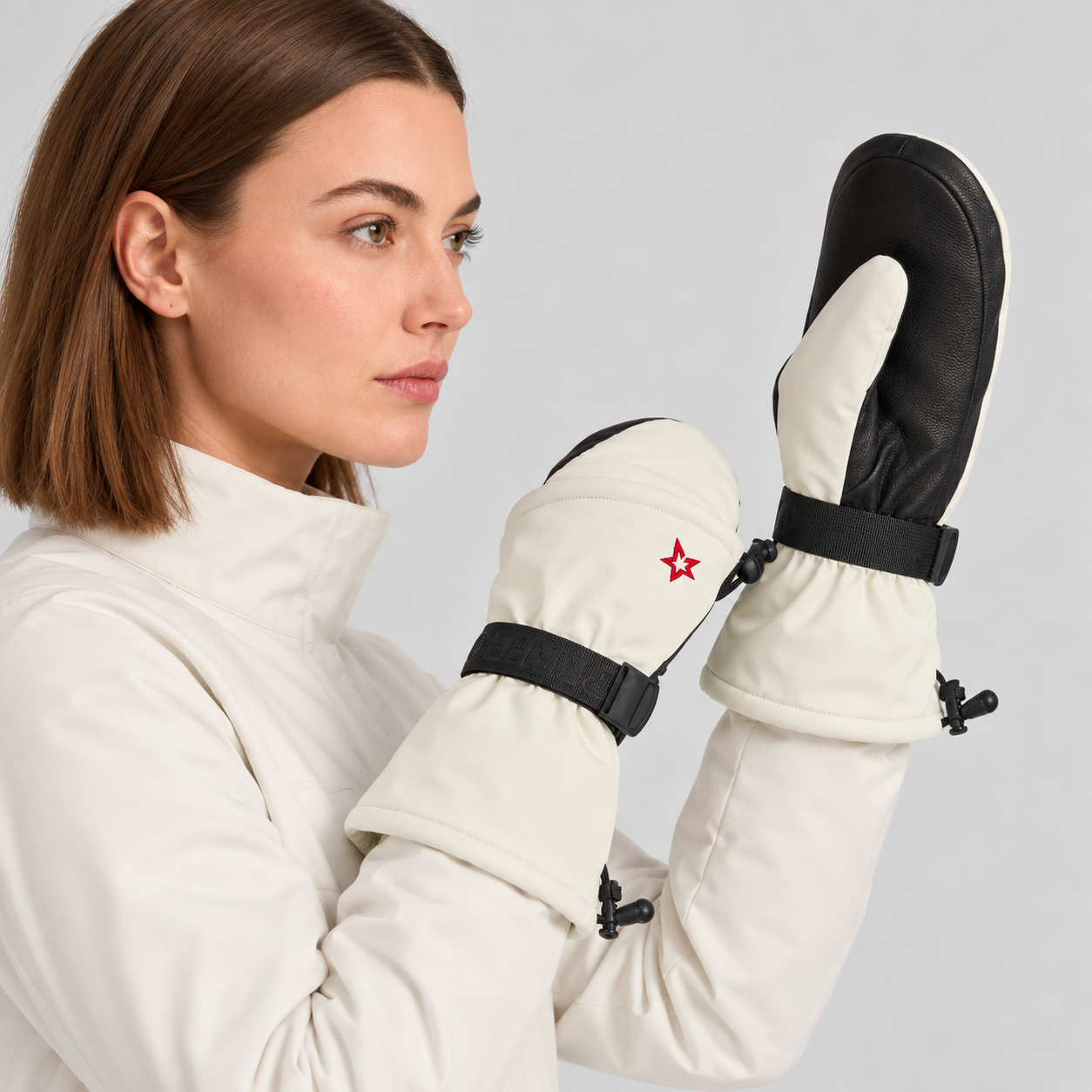 Perfect Moment women’s Davos Mitts in Snow White – side women model view