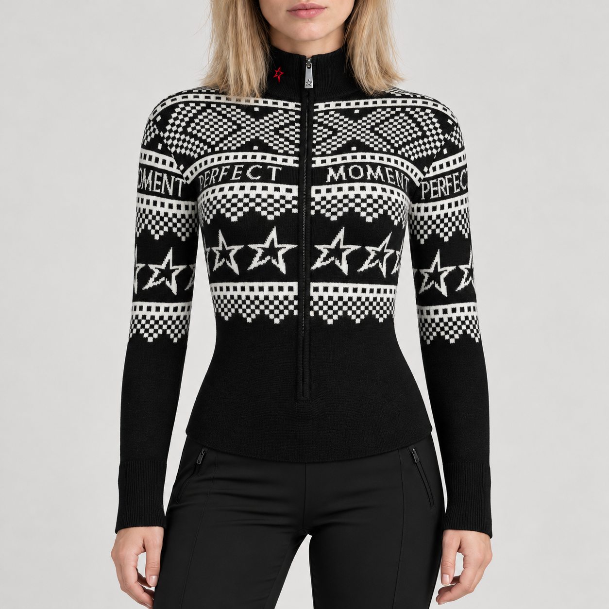 Perfect Moment women’s Holiday Body Sweater in Black/White – model front view