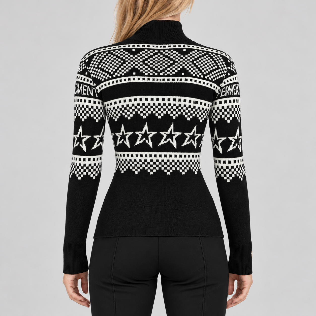 Perfect Moment women’s Holiday Body Sweater in Black/White – model back view