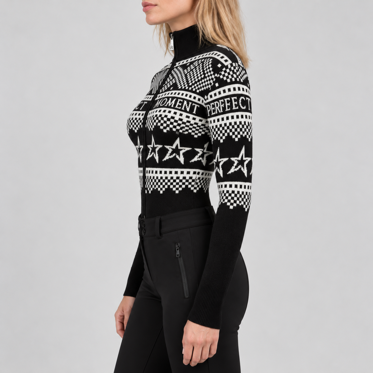 Perfect Moment women’s Holiday Body Sweater in Black/White – model side view