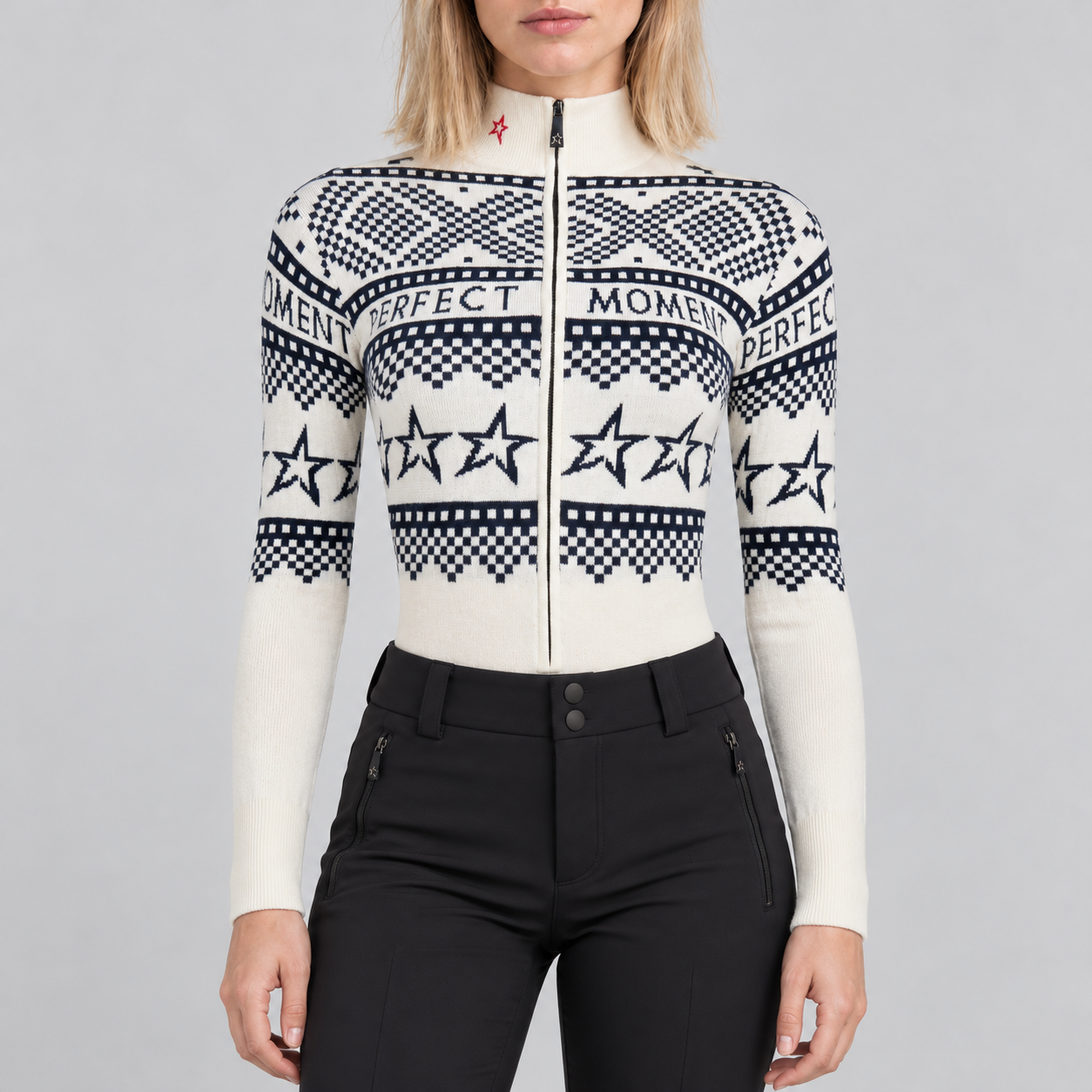 Perfect Moment women’s Holiday Body Sweater in White/Blue – model front view