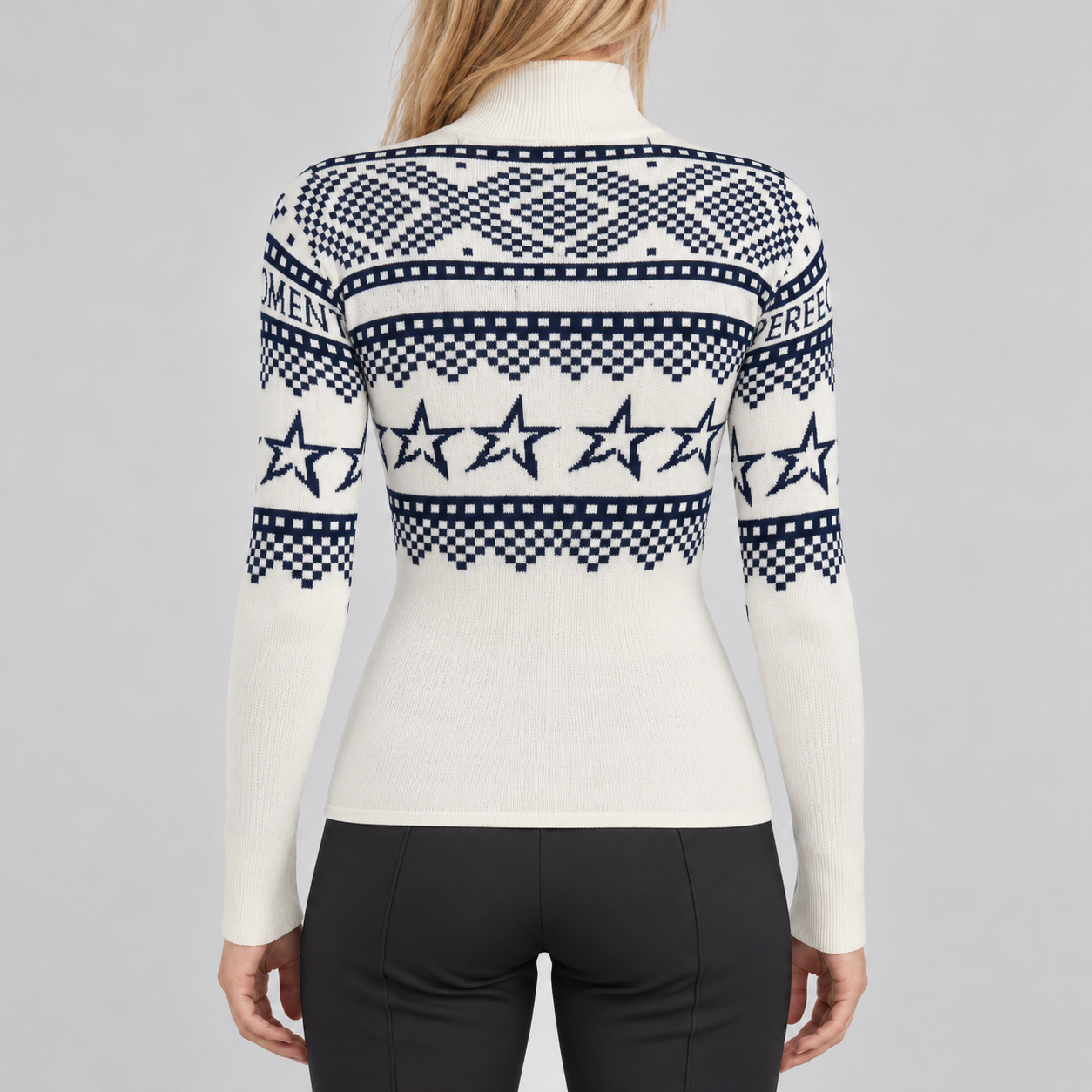 Perfect Moment women’s Holiday Body Sweater in White/Blue – model back view