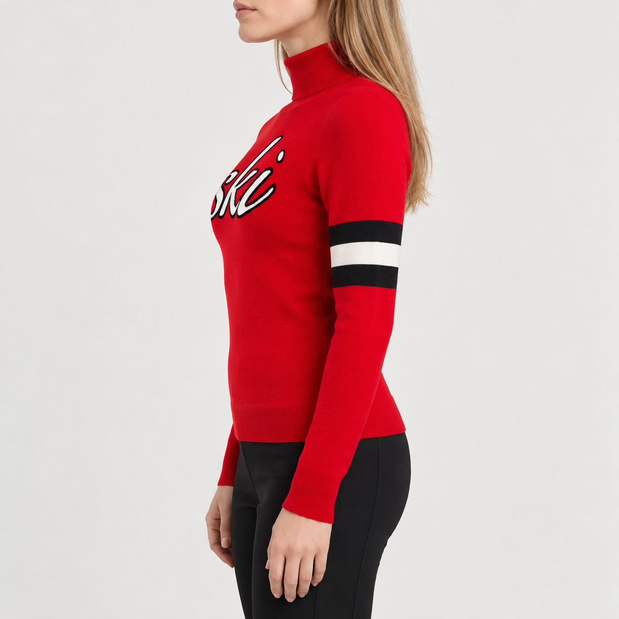 Perfect Moment women’s Neve Wool Sweater in Red – model side view