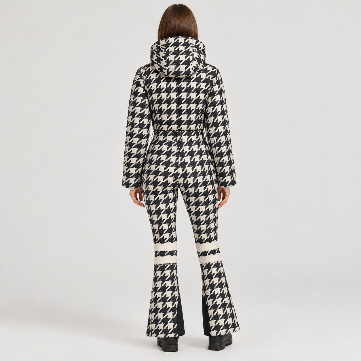 Perfect Moment women’s Polar Flare Ski Suit in Houndstooth – model back view