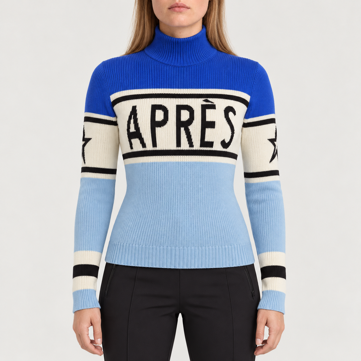 Perfect Moment women’s Schild Apres Sweater in Cloud Blue/Sapphire – model front view