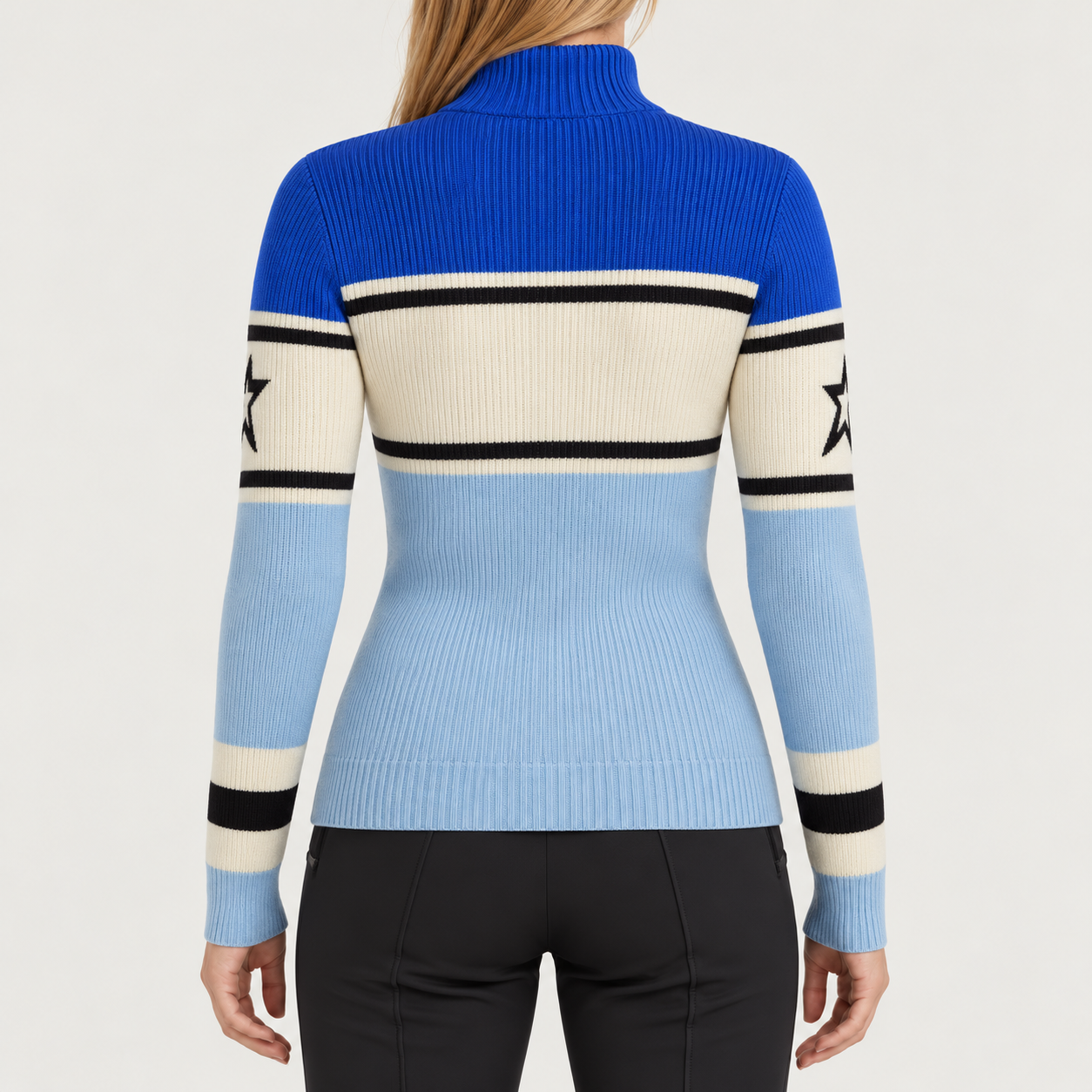 Perfect Moment women’s Schild Apres Sweater in Cloud Blue/Sapphire – model back view