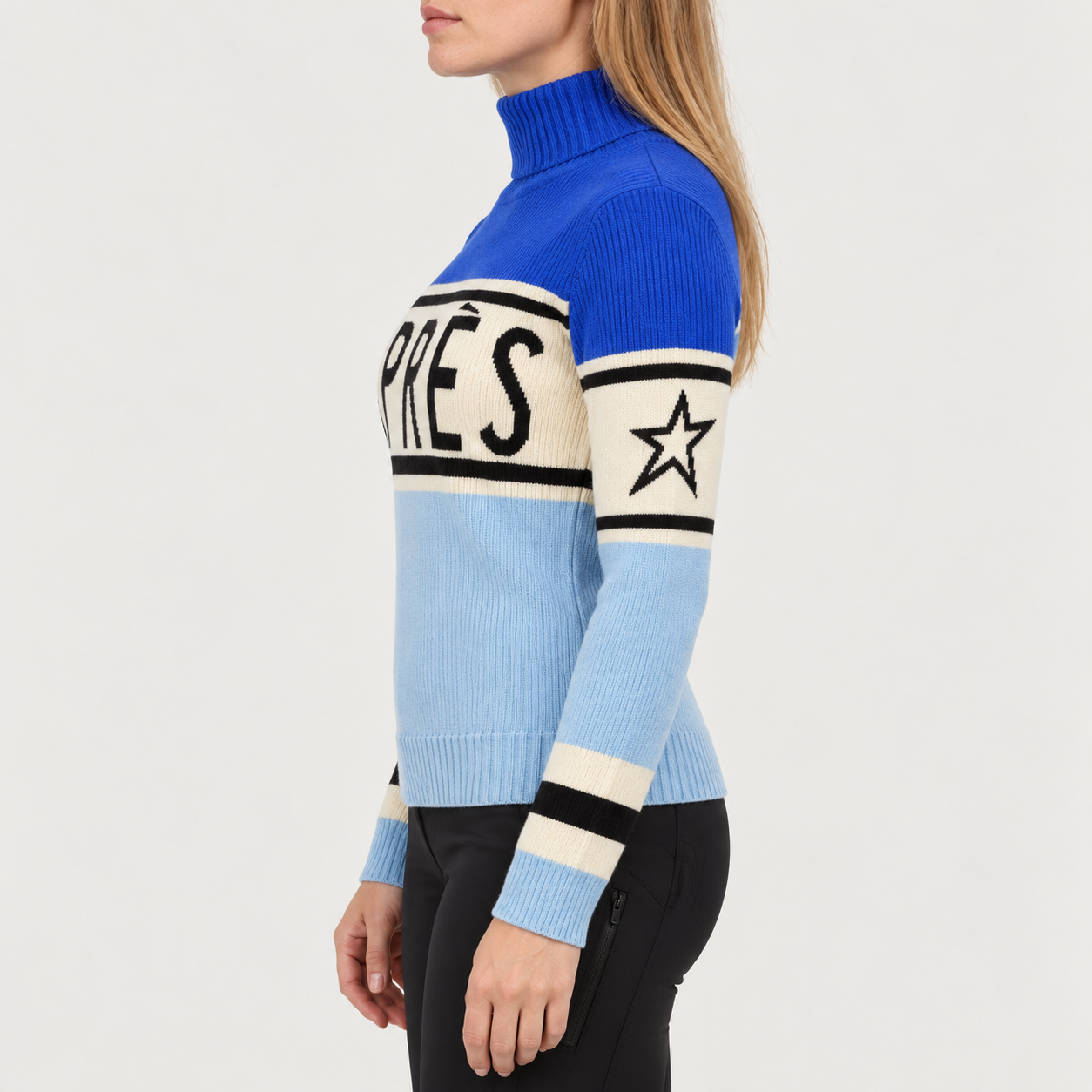 Perfect Moment women’s Schild Apres Sweater in Cloud Blue/Sapphire – model side view