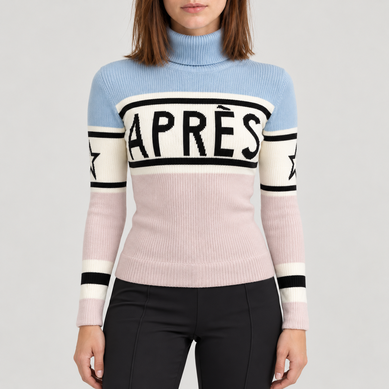 Perfect Moment women’s Schild Apres Sweater in Oyster Pink/Cloud Blue – model front view