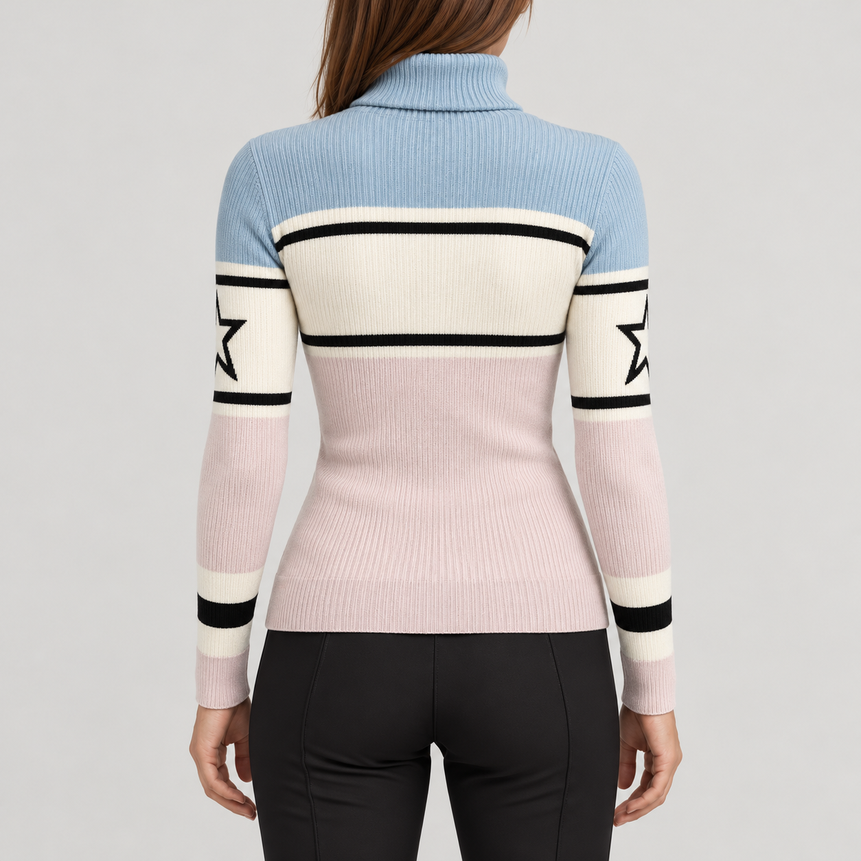 Perfect Moment women’s Schild Apres Sweater in Oyster Pink/Cloud Blue – model back view
