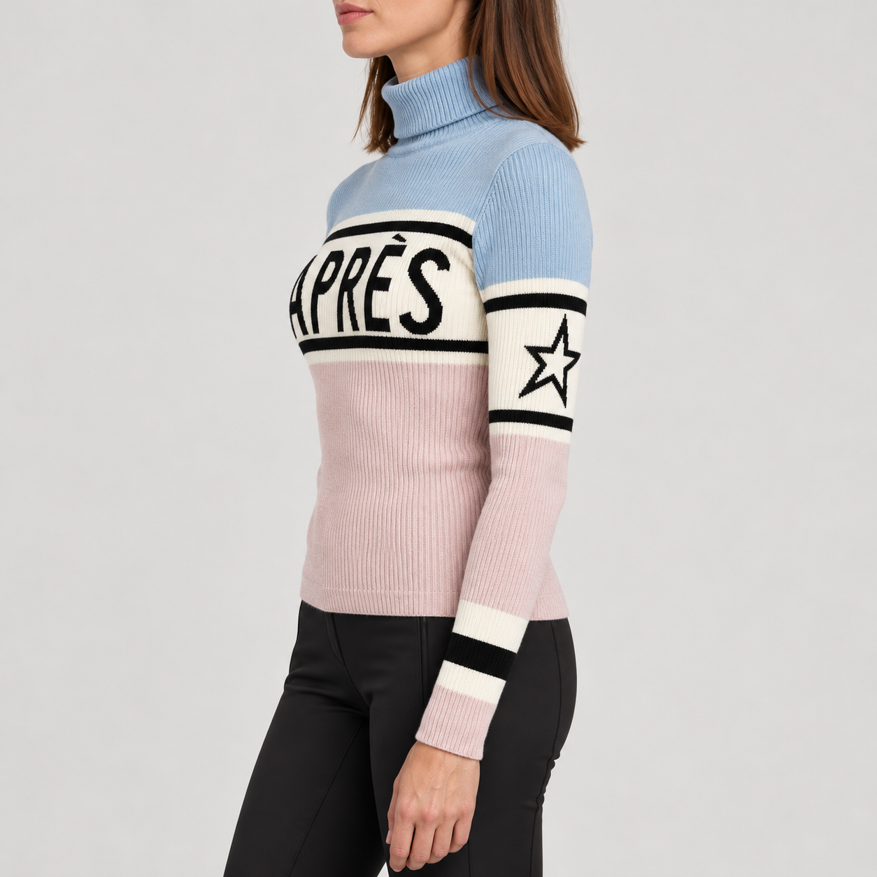 Perfect Moment women’s Schild Apres Sweater in Oyster Pink/Cloud Blue – model side view