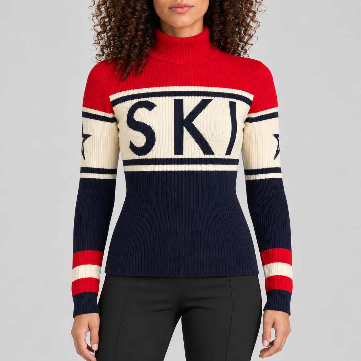 Perfect Moment women’s Schild Sweater in Red/Navy – model front view