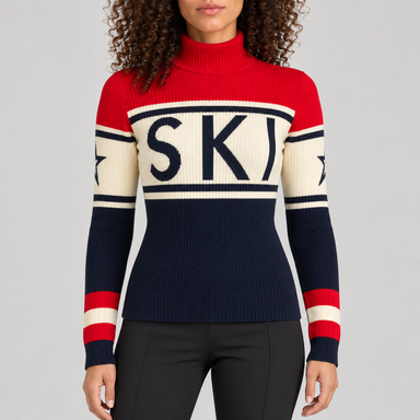Perfect Moment women’s Schild Sweater in Red/Navy – model front view