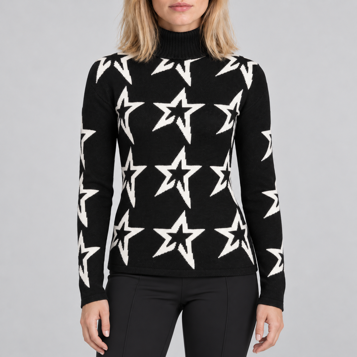 Perfect Moment women’s Star Dust Sweater in Black – model front view
