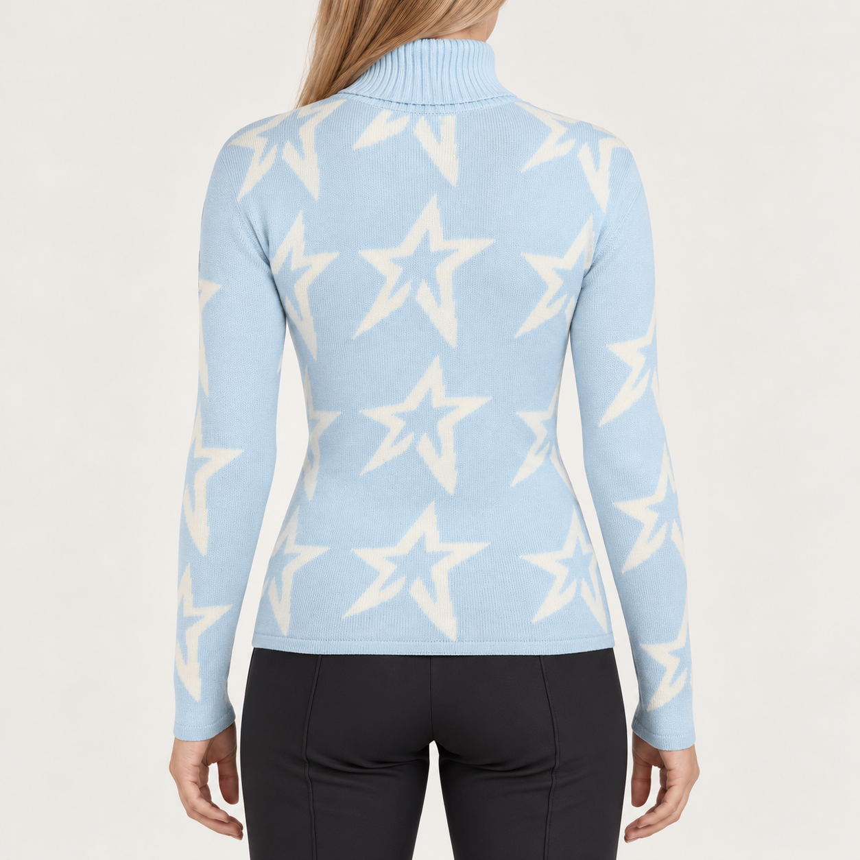 Perfect Moment women’s Star Dust Sweater in Cloud Blue – model back view