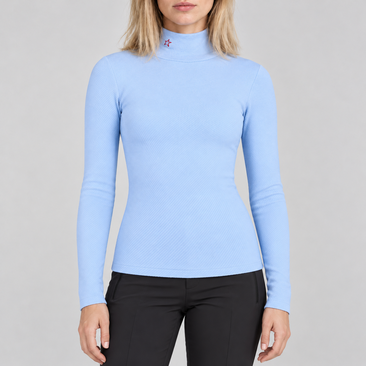 Perfect Moment women’s Thermal Top in Bluebird Blue – model front view