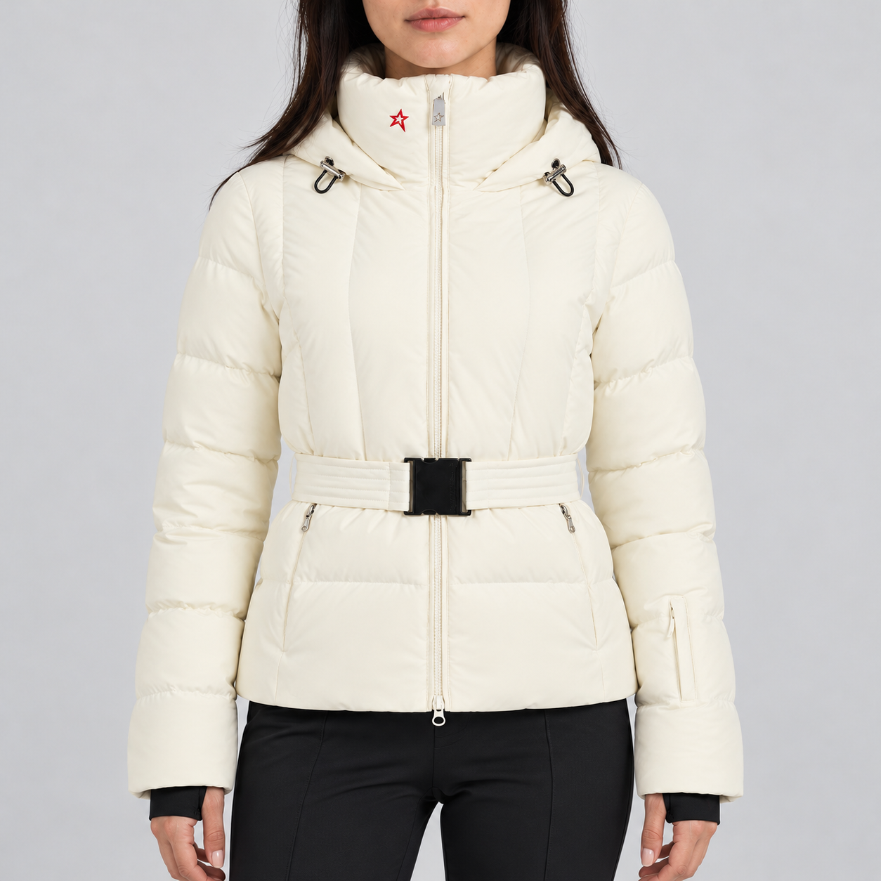 Perfect Moment women’s Waisted Classic Ski Jacket in Snow White – model front view