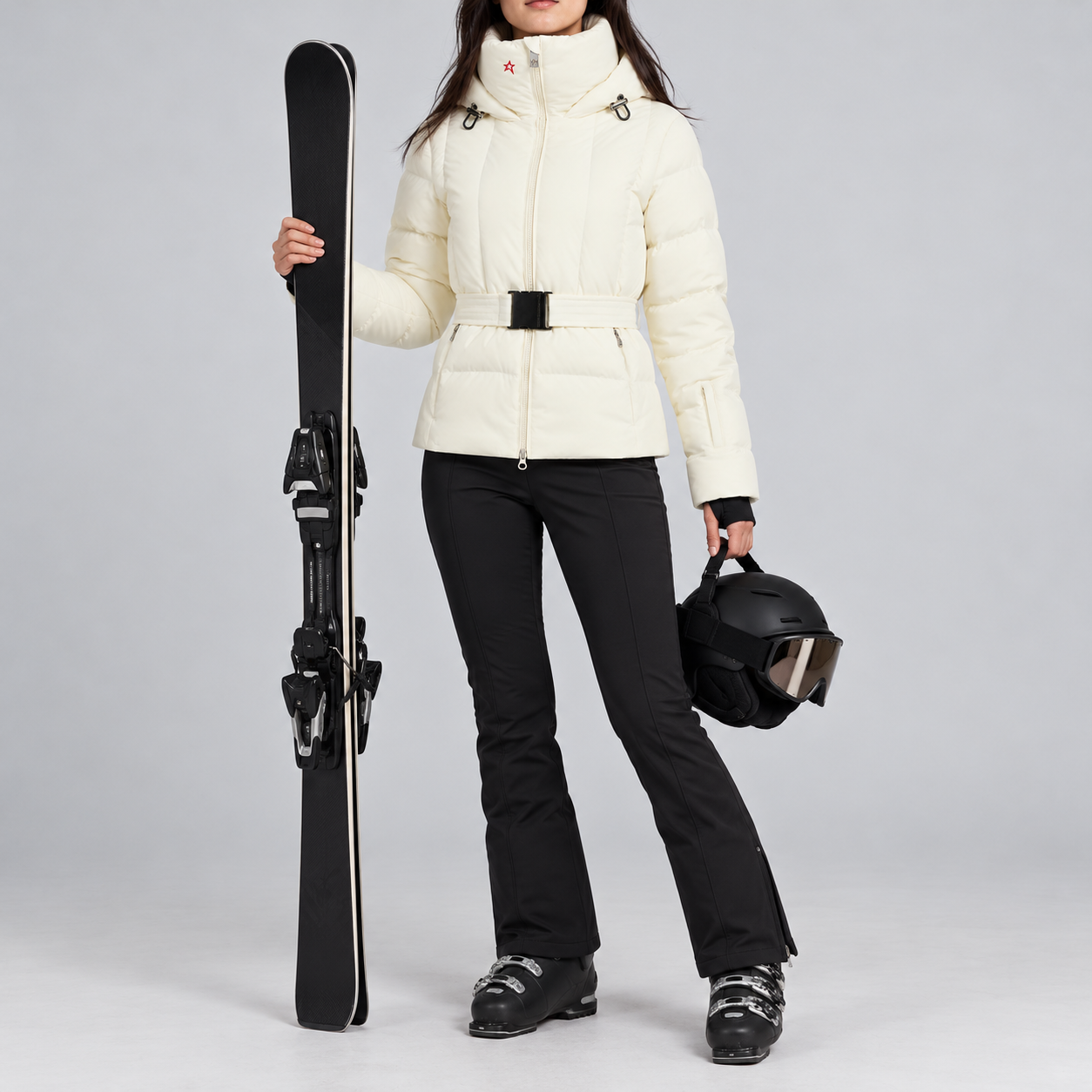 Perfect Moment women’s Waisted Classic Ski Jacket in Snow White – model ski props view