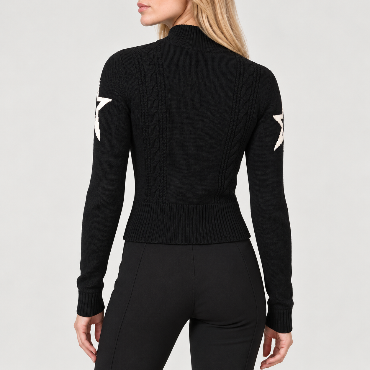 Perfect Moment women’s Cable Sweater in Black – model back view