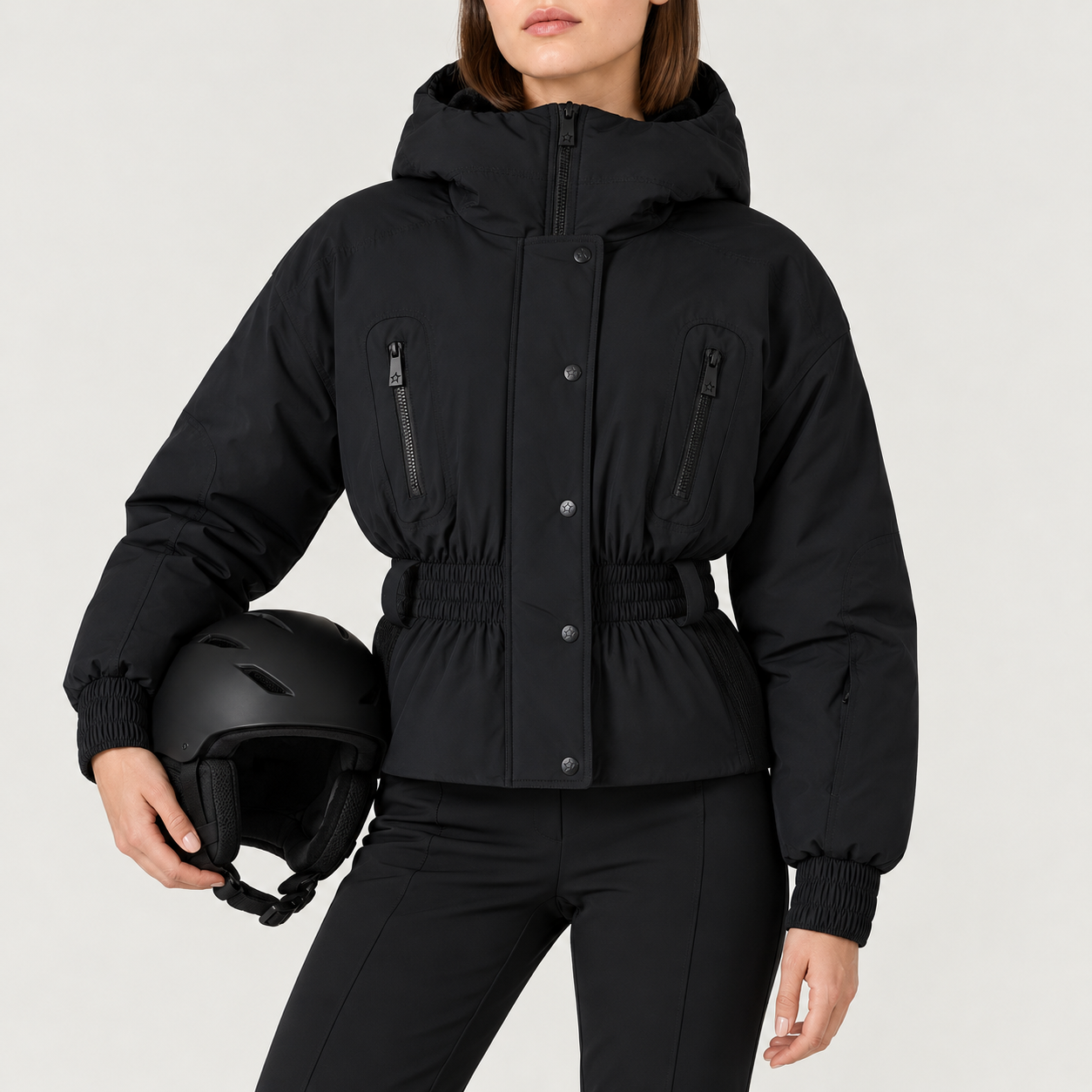 Perfect Moment women’s Celeste Ski Jacket in Black – model helmet view